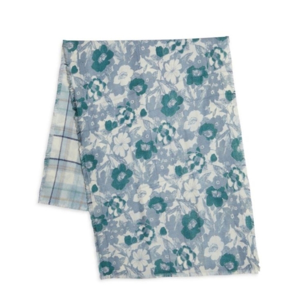 NWT Vince Camuto Reversible Floral Plaid Gray Blue Scarf - Picture 3 of 6